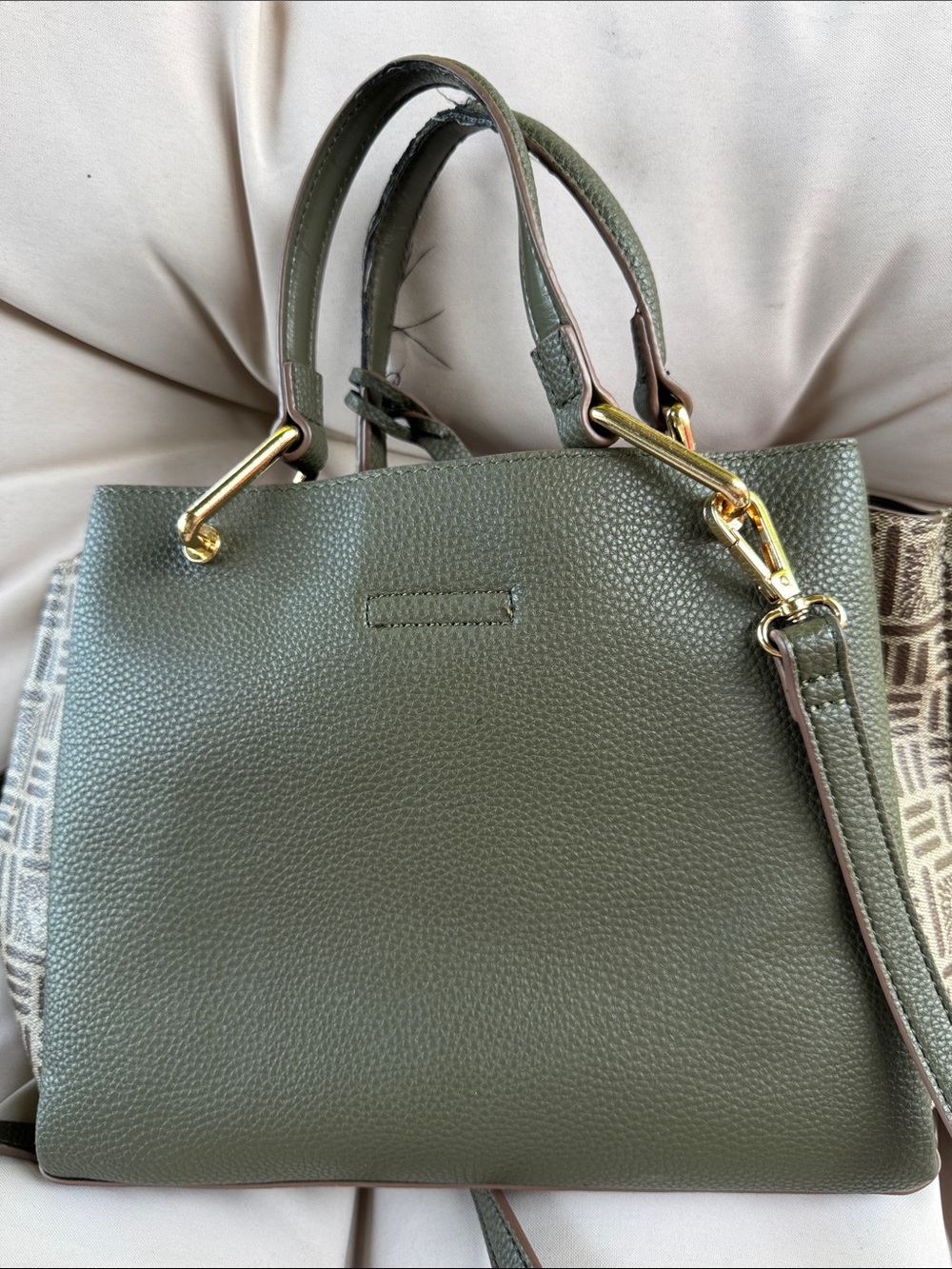 Anne Klein Olive Green Pebbled Tote with Monogram Panels - Picture 2 of 4